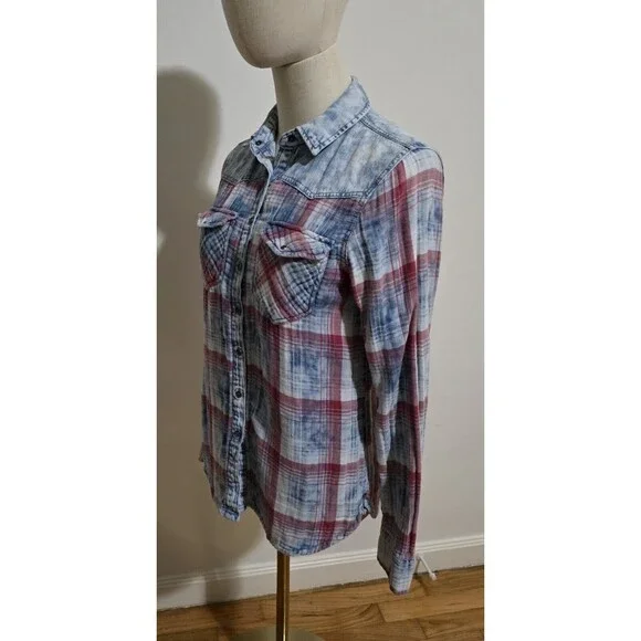 Pull & Bear Women's Small Plaid Western Button Up Flannel Lined Shirt Top Denim - Picture 12 of 16